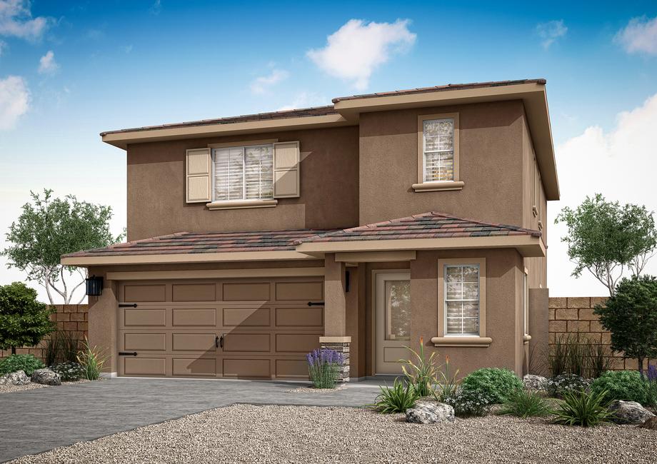 A brown, single-family home with a covered entryway and a two-car garage.